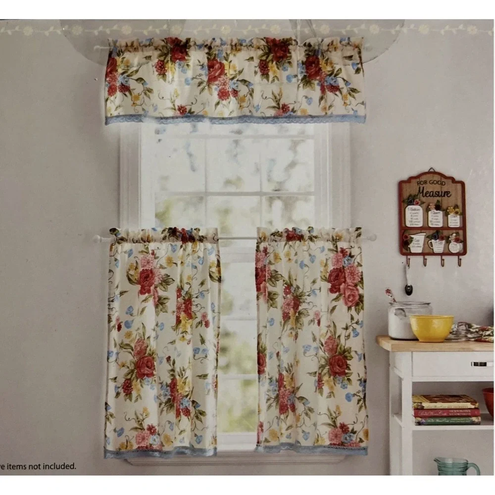 Pioneer Women Small Window Curtain Set Sweet Rose 2 Rod Pocket Tiers & Valance - Picture 4 of 5